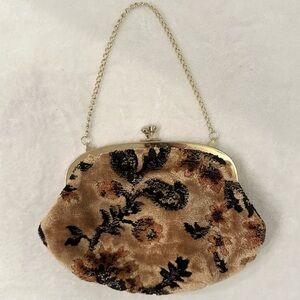 Vintage Tapestry Carpet Bag Evening Clutch Fuzzy Purse Art Deco Snap & Chain